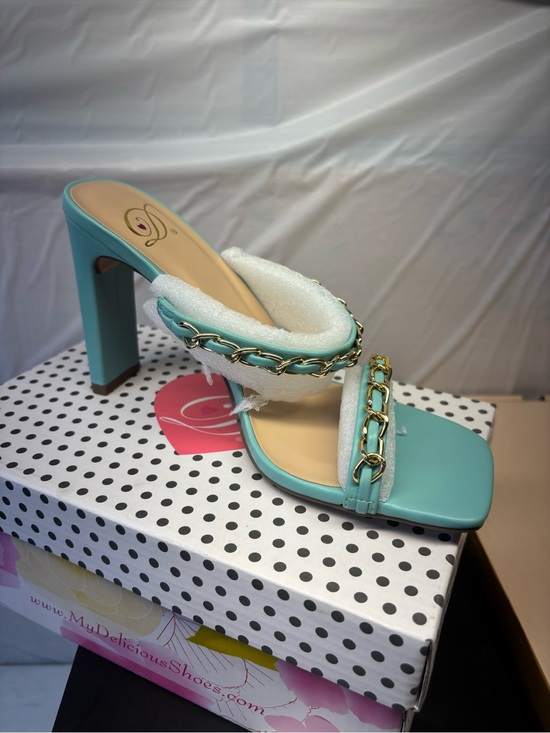 Delicious Shoes - Delicious Teal Block-Heel Slide with Gold Chain